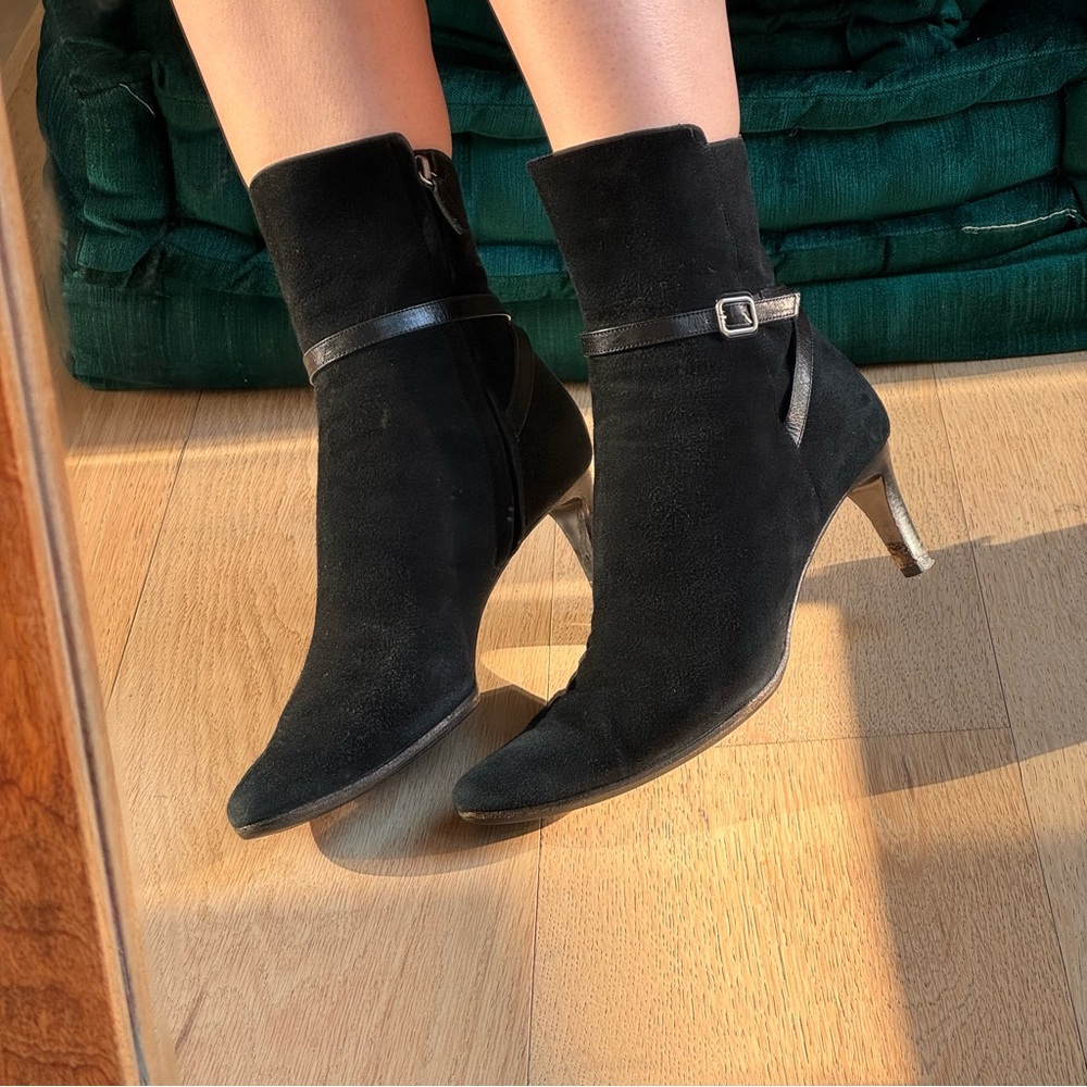 Ralph Lauren Black Suede Pointed-Toe Ankle Booties with Strap